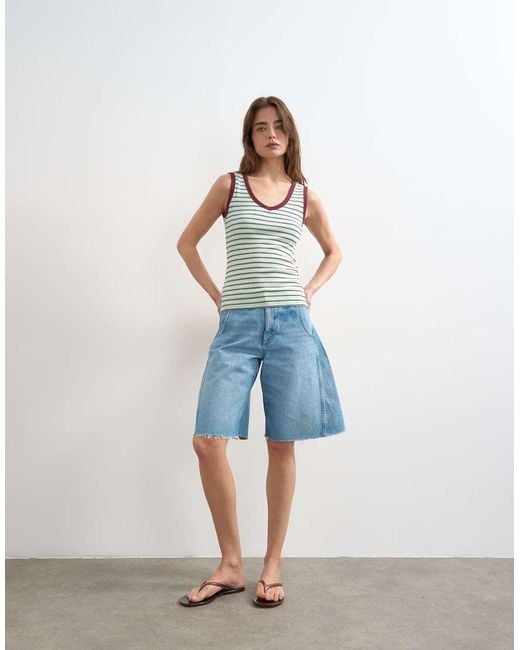 TOPSHOP Blue Stripe Rib V-neck Singlet