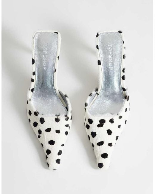 TOPSHOP White Alfie Real Hair On Leather Pointed Mid Heeled Court