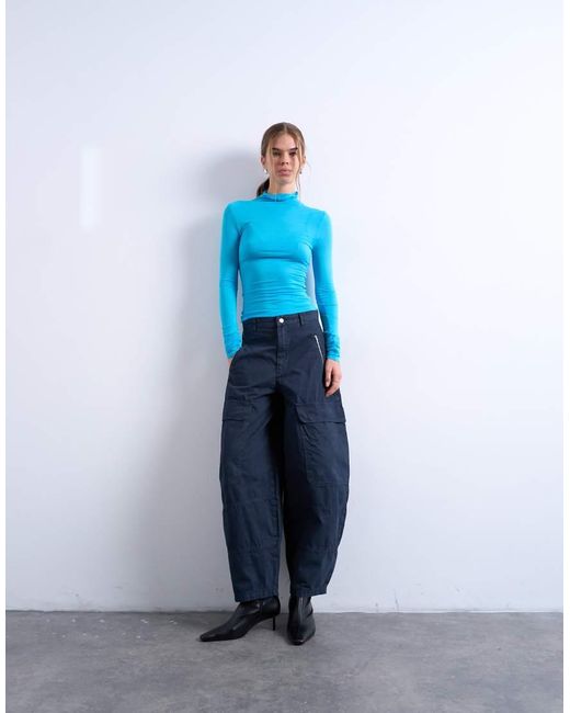TOPSHOP Blue Balloon Cargo Trouser With Zip And Pocket Details