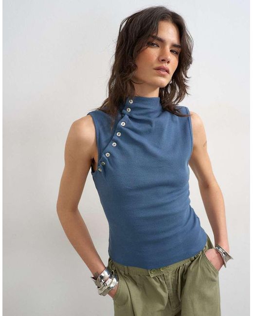 TOPSHOP Blue Asymmetric Button Detail Sleeveless