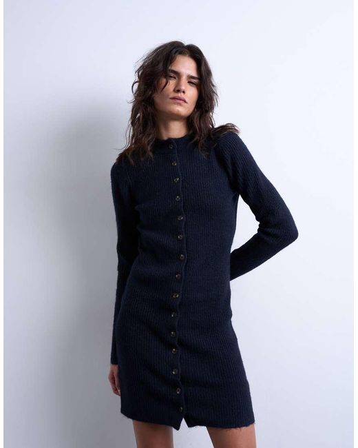 TOPSHOP Blue Knitted Crew Neck Button Through Mini Dress
