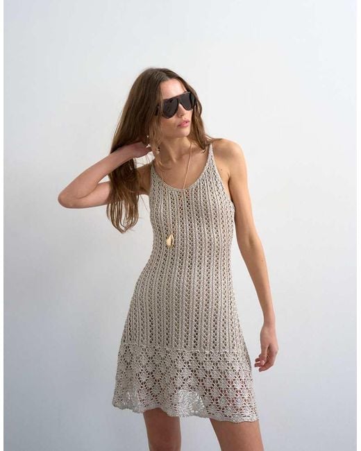 TOPSHOP White Knitted Metallic Crochet Mini Dress