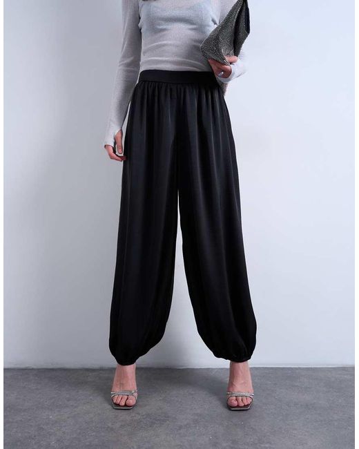 TOPSHOP Black Satin Deep Waistband Balloon Trouser