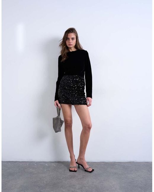 TOPSHOP Black Velvet Sequin Drape Mini Skirt