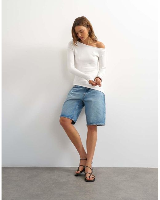 TOPSHOP White Rib Asymmetric Off The Shoulder Long Sleeve Top