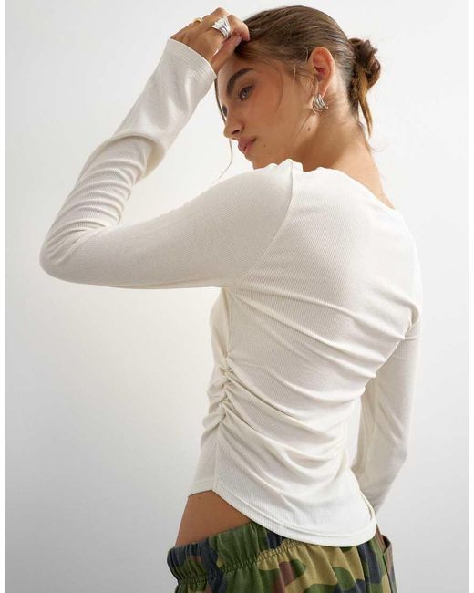 TOPSHOP White Premium Rib Ruched Asymmetric Hem Long Sleeve Top