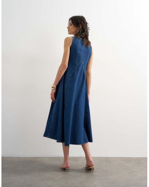 TOPSHOP Blue Denim V Neck Seamed Full Maxi Dress