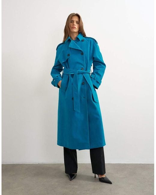 TOPSHOP Blue Longline Oversized Faux Suede Trench Coat