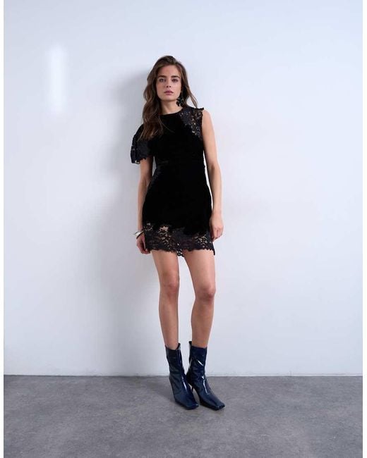 TOPSHOP Black Lace Insert Grown On Shoulder Velvet Mini Dress