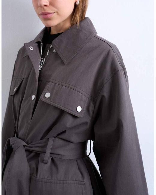 TOPSHOP Brown 4 Pocket Cotton Shacket With Quilted Lining