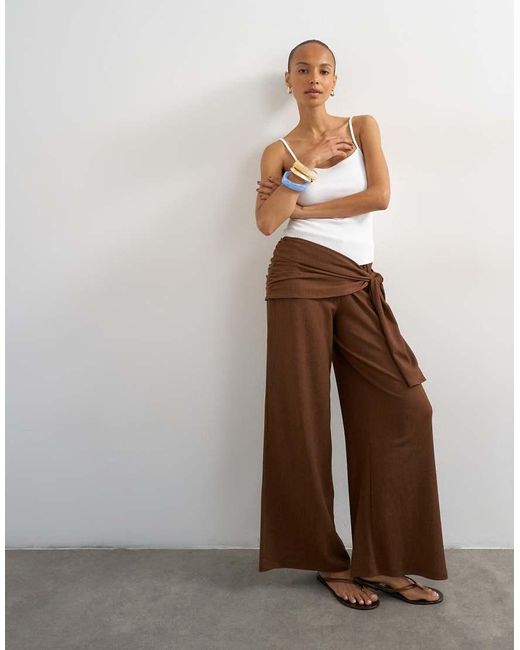 TOPSHOP Brown Plisse Wrap Scarf Detail Trousers