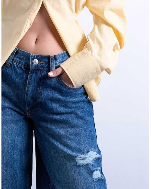 TOPSHOP Blue Mid Rise Cinch Jean With Knee Rip
