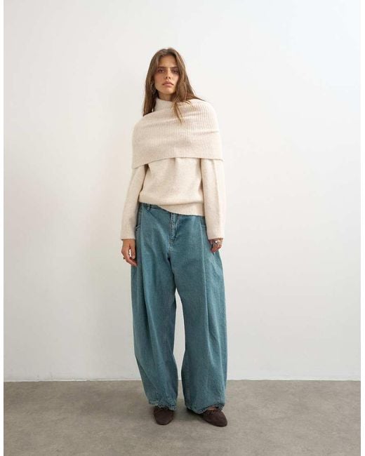 TOPSHOP Natural Knitted Wool Blend Deep Fold Bardot Jumper