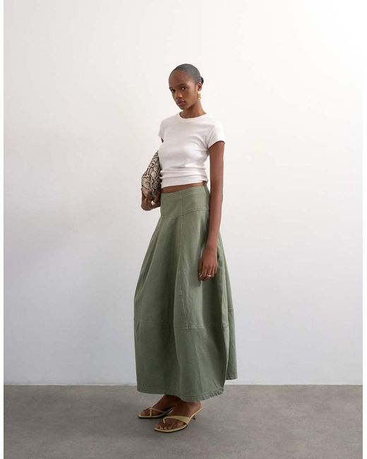TOPSHOP Green Denim Seamed Barrel Maxi Skirt