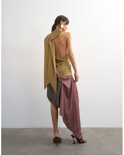 TOPSHOP Multicolor Premium Satin Halter Asymmetric Mini Dress With Scarf Detail