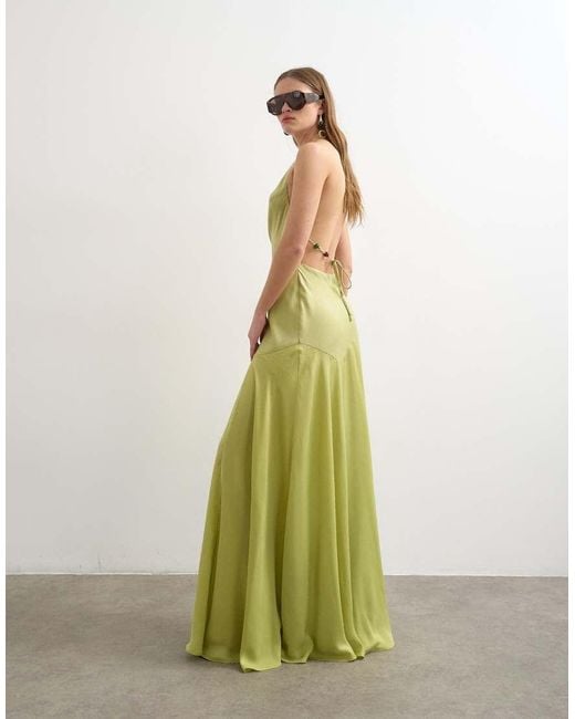 TOPSHOP Green Satin Halter Neck Maxi Dress Beaded Back Detail