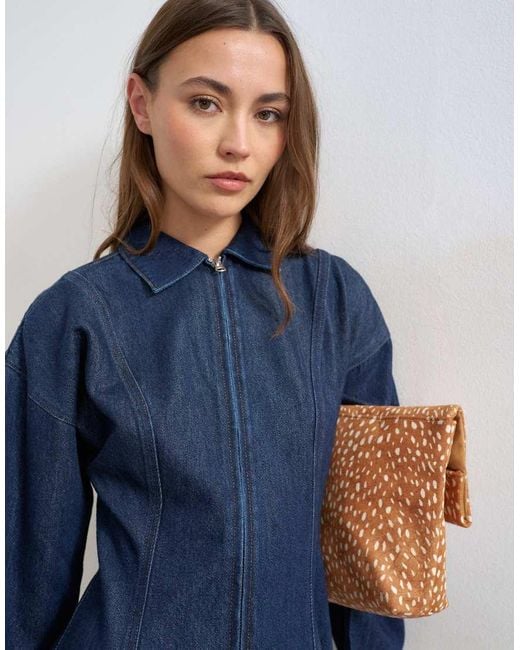 TOPSHOP Blue Denim Zip Through Mini Dress With Ovoid Sleeve