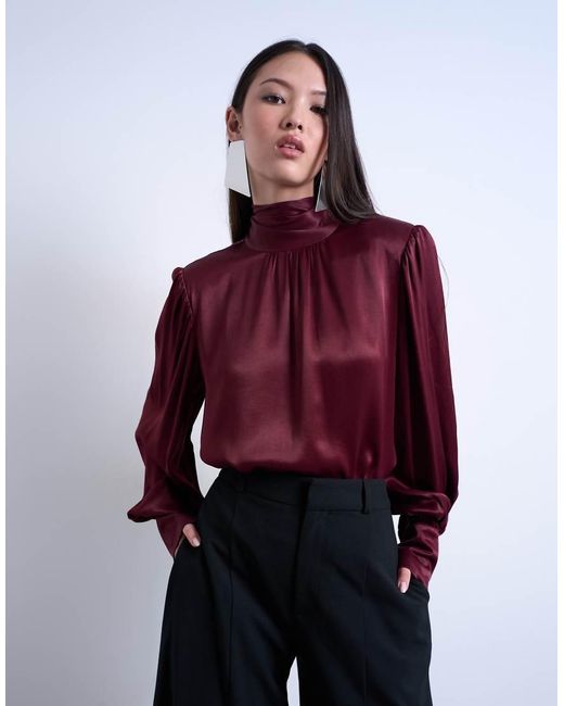 TOPSHOP Red Satin Scarf Blouse