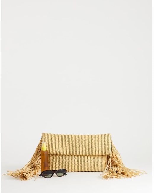 TOPSHOP Natural Tassel Oversized Weave Clutch Bag
