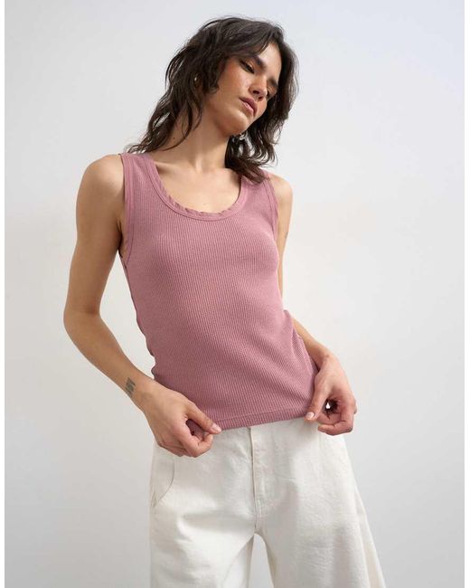 TOPSHOP Pink Washed Waffle Vest With Woven Trim