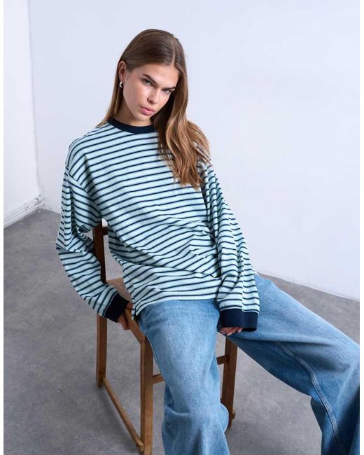 TOPSHOP Blue Striped Long Sleeve Slouchy Skater Tee