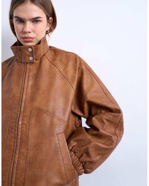 TOPSHOP Blue Leather Look Funnel Neck Jacket