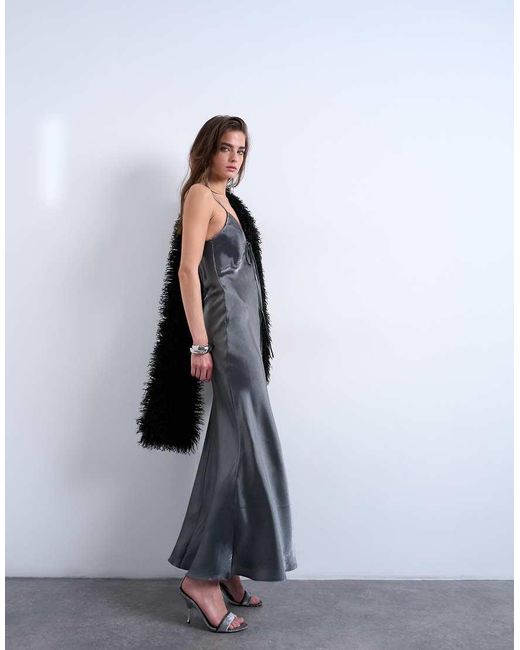TOPSHOP Blue Halter Tie Neck Liquid Metallic Maxi Slip Dress