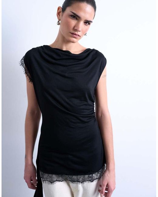 TOPSHOP White Cowl Neck Lace Trim Top