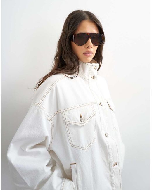 TOPSHOP White Denim Funnel Neck Elastic Hem Detail Jacket