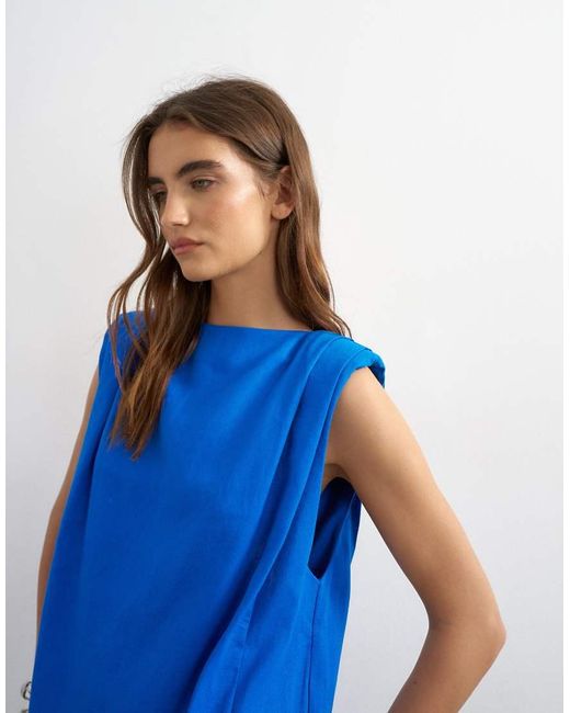 TOPSHOP Blue Linen Rich Exaggerated Shoulder Mini Dress
