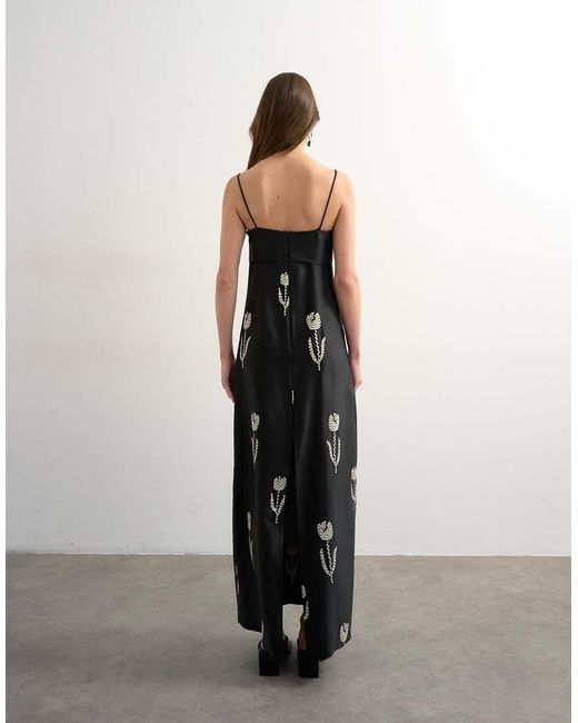 TOPSHOP Black Lapel Bust Maxi Dress With Embroidered Flowers