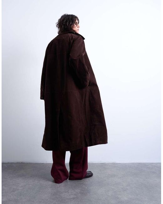 TOPSHOP Brown Faux Suede Funnel Long Car Coat With Neck Tab