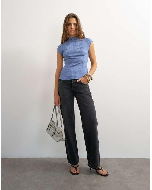 TOPSHOP Blue High Neck Zip Detail Top