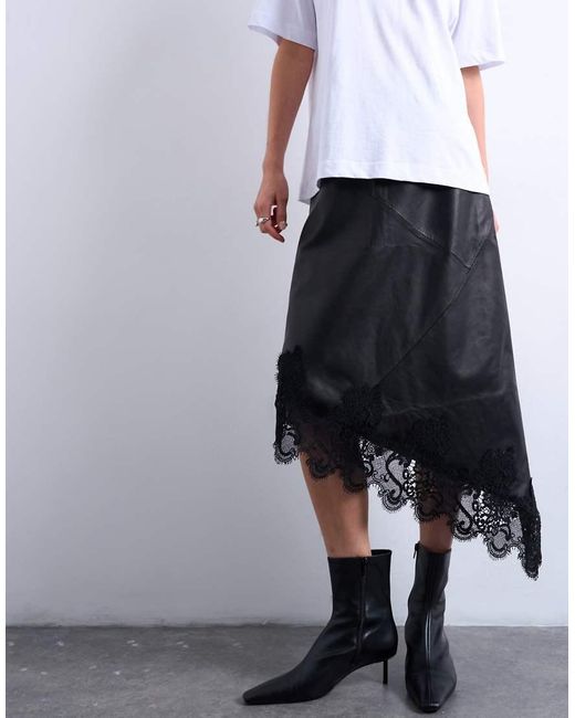 TOPSHOP White Real Leather Lace Insert Midi Skirt