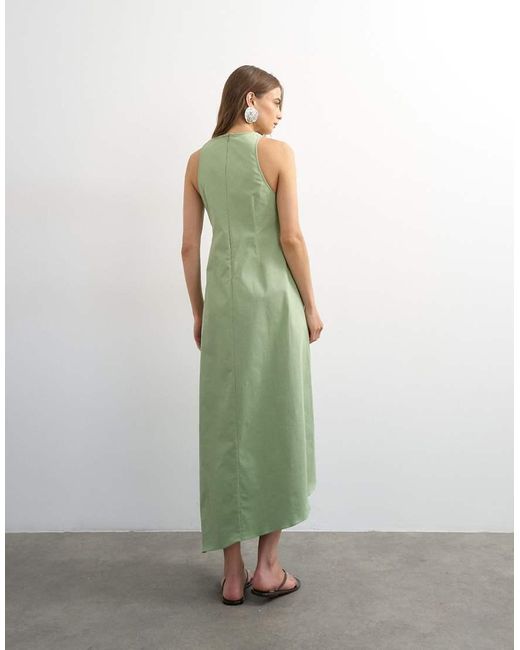TOPSHOP Green Cotton Twill Racer Neck Maxi Dress With Tuck Side Detail