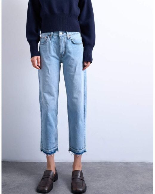 TOPSHOP Blue Runway Mid Rise Straight Cropped Jean With Let Down Hem Detail