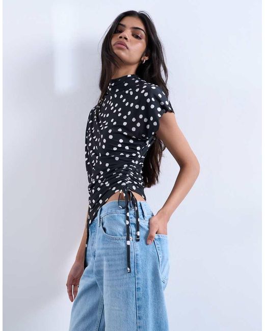 TOPSHOP Blue Polka Dot Print Asymmetric Ruched Top