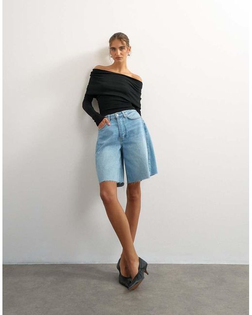 TOPSHOP Blue Knitted Bardot Top