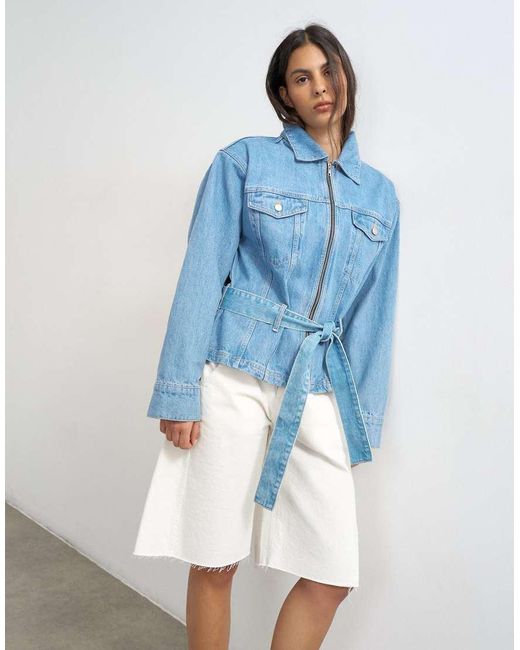 TOPSHOP Blue Denim Cinched Shoulder Pad Jacket
