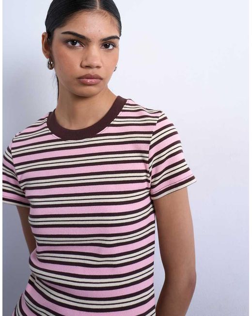 TOPSHOP Brown Striped Ribbed Short Sleeve Tee