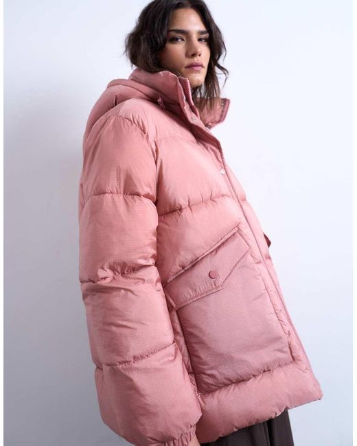 TOPSHOP Pink Mid Length Funnel Neck Puffer Jacket