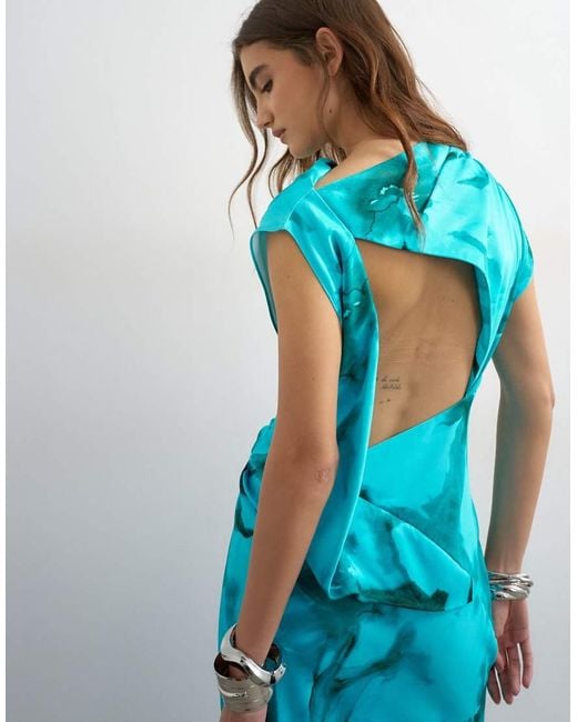 TOPSHOP Blue Satin Grown On Neck Tuck Side Maxi Dress With Open Back
