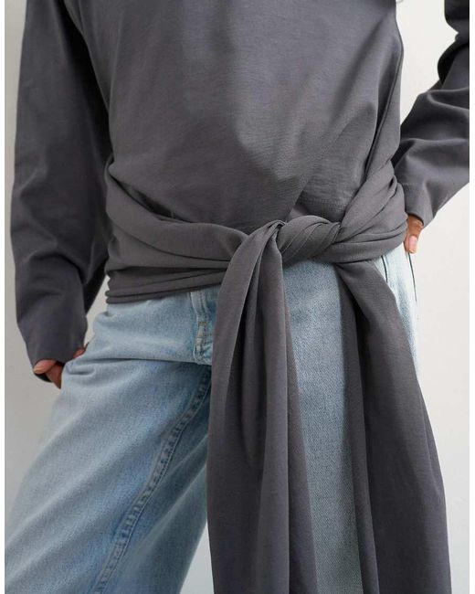 TOPSHOP Gray Long Sleeve Tie Waist Detail Top