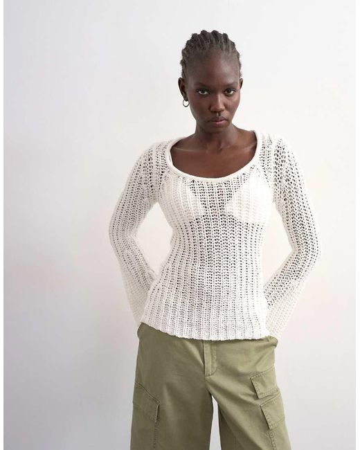 TOPSHOP White Knit Open Stitch Long Sleeve Top