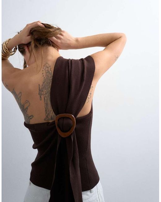 TOPSHOP Brown Knitted Ribbed Wrap Scarf Top