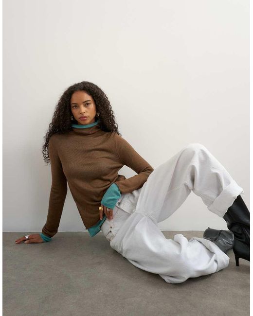 TOPSHOP Brown Wool Blend Double Layer Sheer Knit Turtleneck Top
