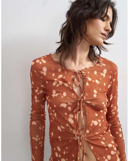 TOPSHOP Brown Mesh Tie Front Long Sleeve Top