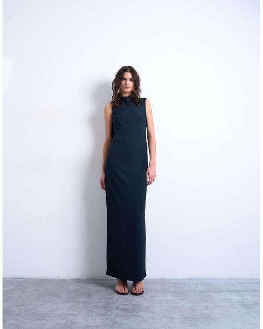 TOPSHOP Blue Slash Neck Drape Back Maxi Dress