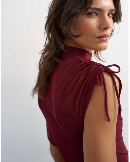 TOPSHOP Red Mesh Ruched One Sleeve Top