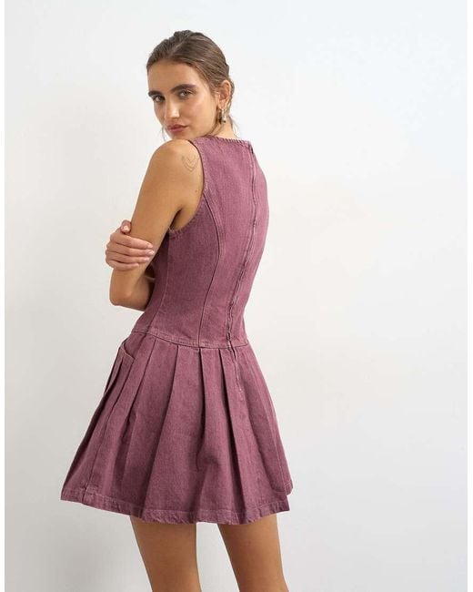 TOPSHOP Red Denim Pleated Pinny Dress